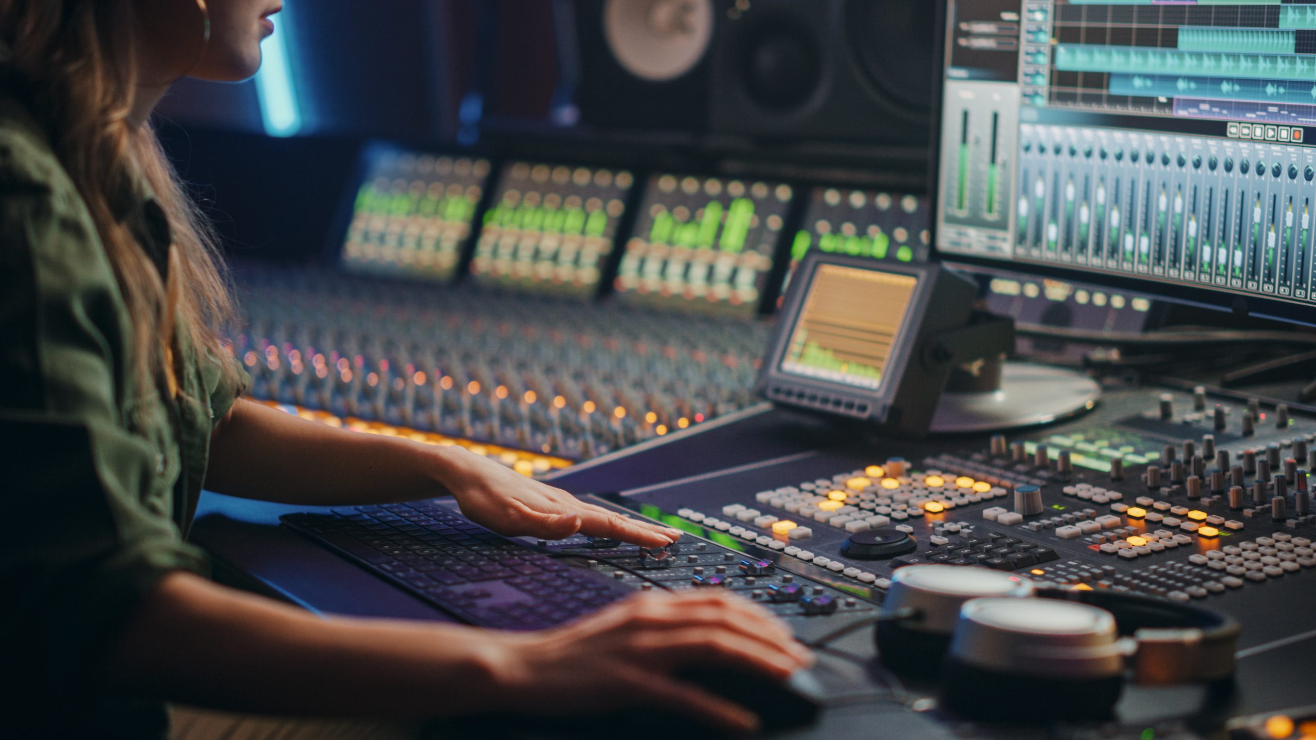 A sound engineer adjusts knobs and buttons on a large mixing console.
