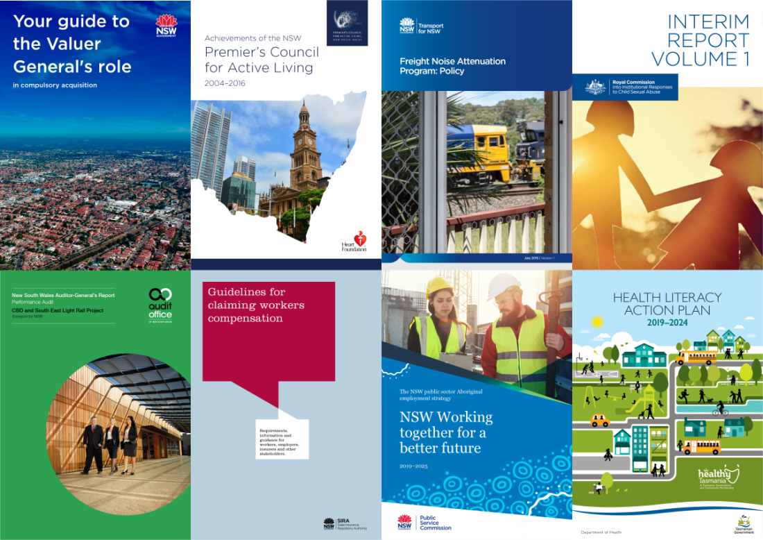 A selection of 8 brightly coloured report covers representing projects that the editing team has worked on