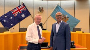 Kerry Robinson OAM, Blacktown City Council CEO and Yusuf Pingar, Plain English Foundation General Manager pose for a photo.