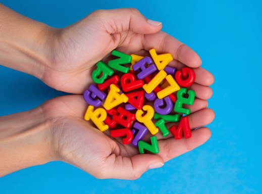 Different coloured plastic letters in person’s cupped hands