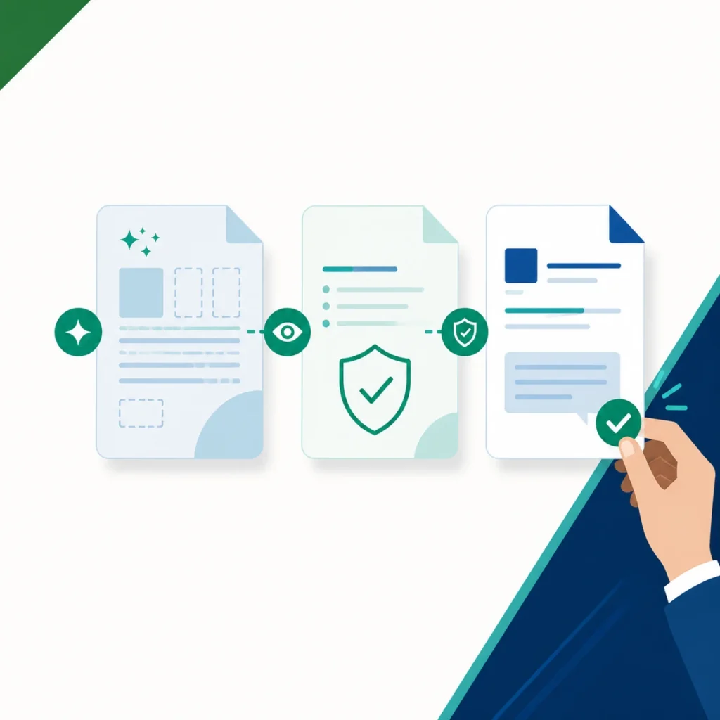 Professionals reviewing AI-assisted content and workplace governance