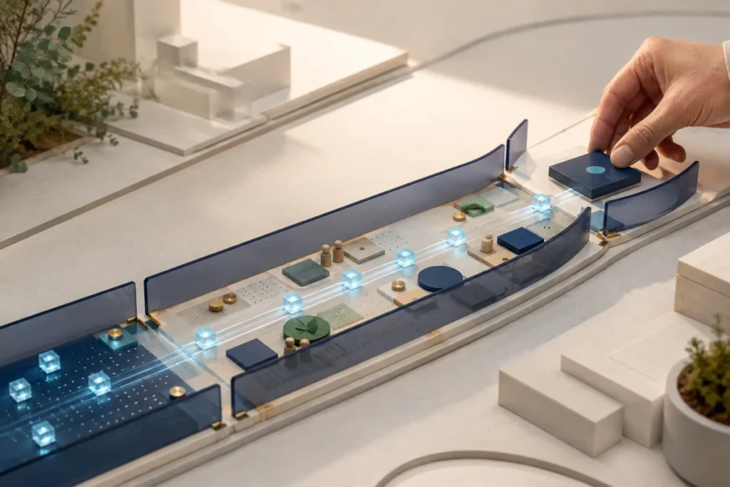 An architectural model of a walkway lined with clear glass barriers and glowing blue markers, with a hand placing the final piece