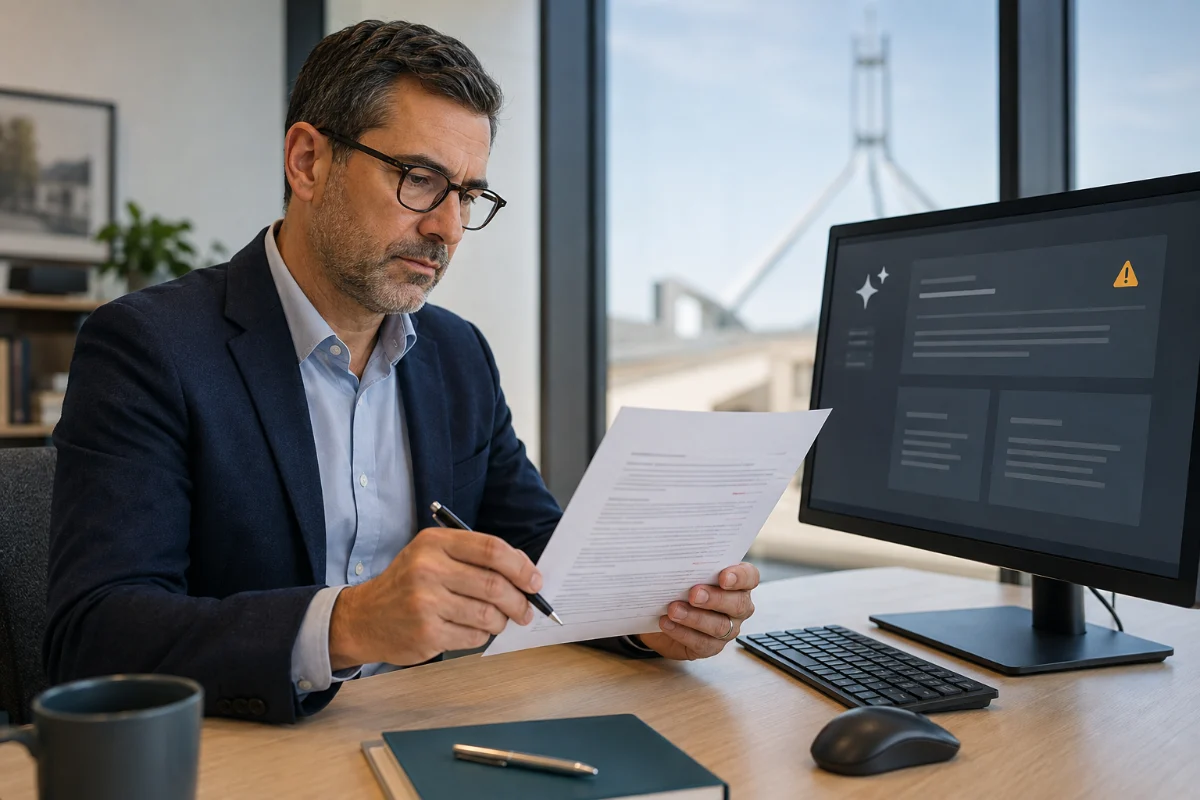 A public servant checks a marked-up printed document at a desk, with an AI tool open on the monitor showing a warning icon and Parliament House through the window