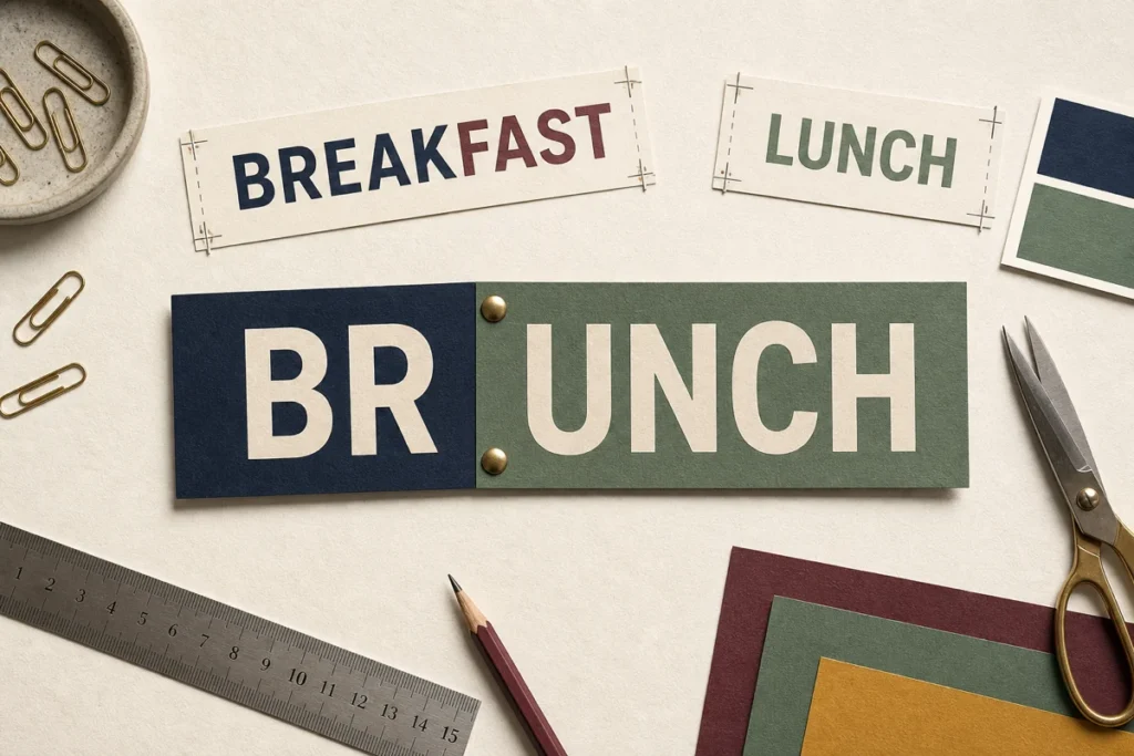 Paper cut-outs on a desk spelling BREAKFAST, LUNCH and BRUNCH, with scissors, a ruler and paper clips