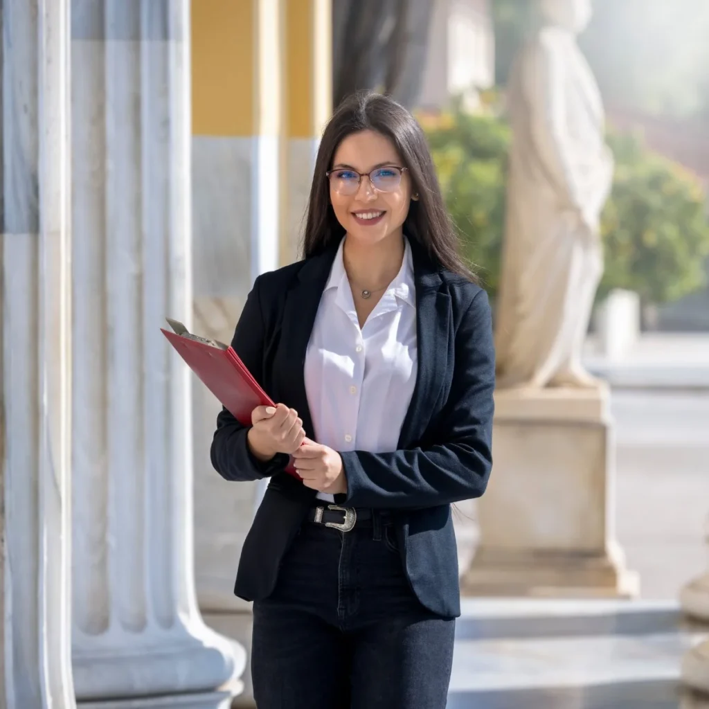 Lawyer holding a folder walking through a colonnade