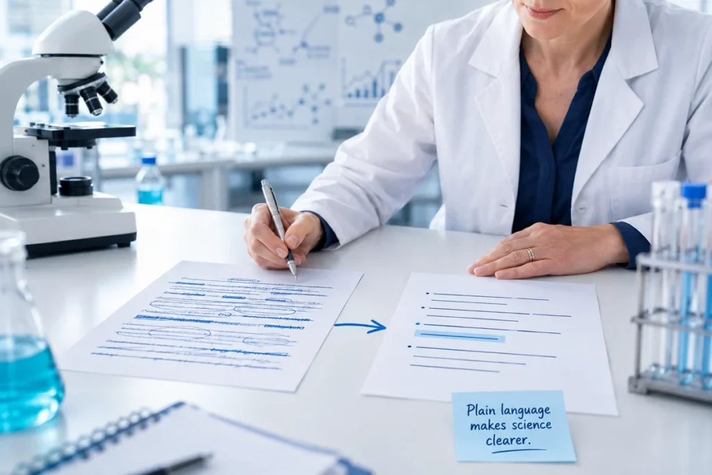 A scientist in a laboratory marks up a dense document and turns it into a clear, plain language version