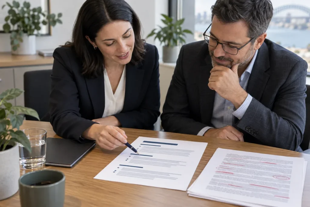 Two legal professionals reviewing a plain language document beside a marked-up legal draft