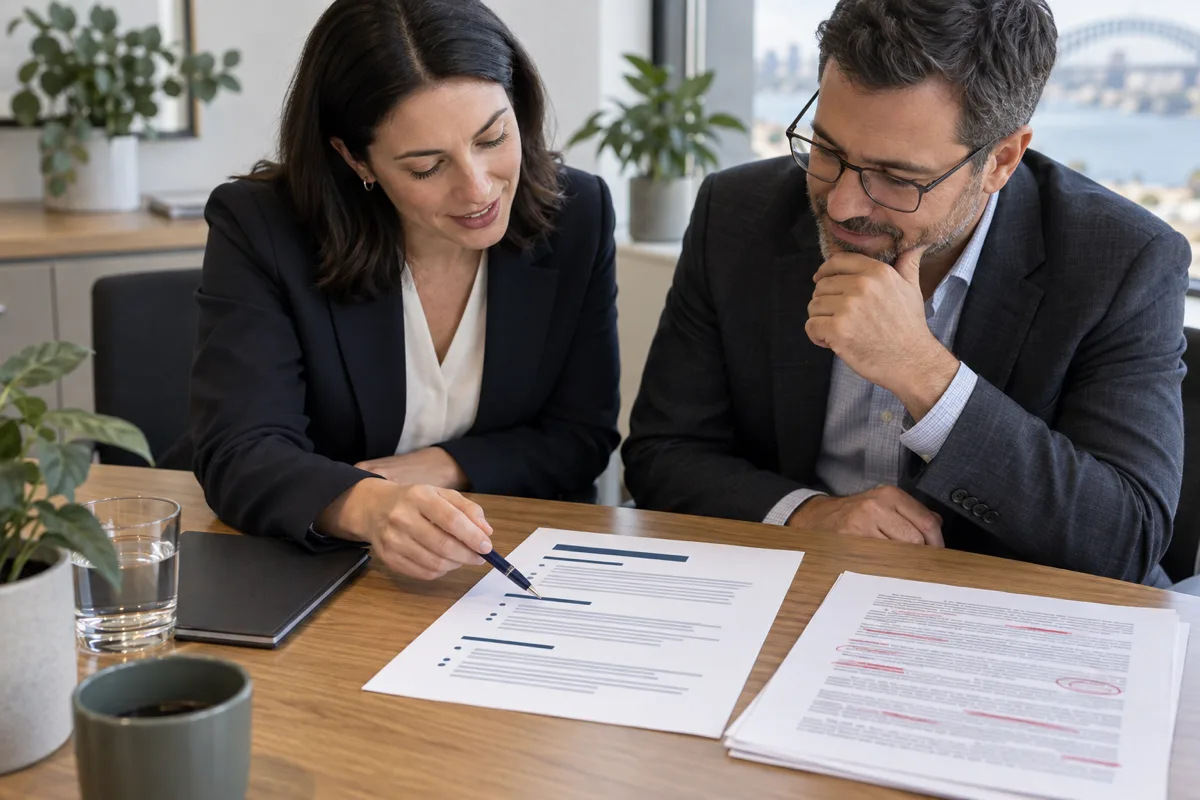 Two legal professionals reviewing a plain language document beside a marked-up legal draft