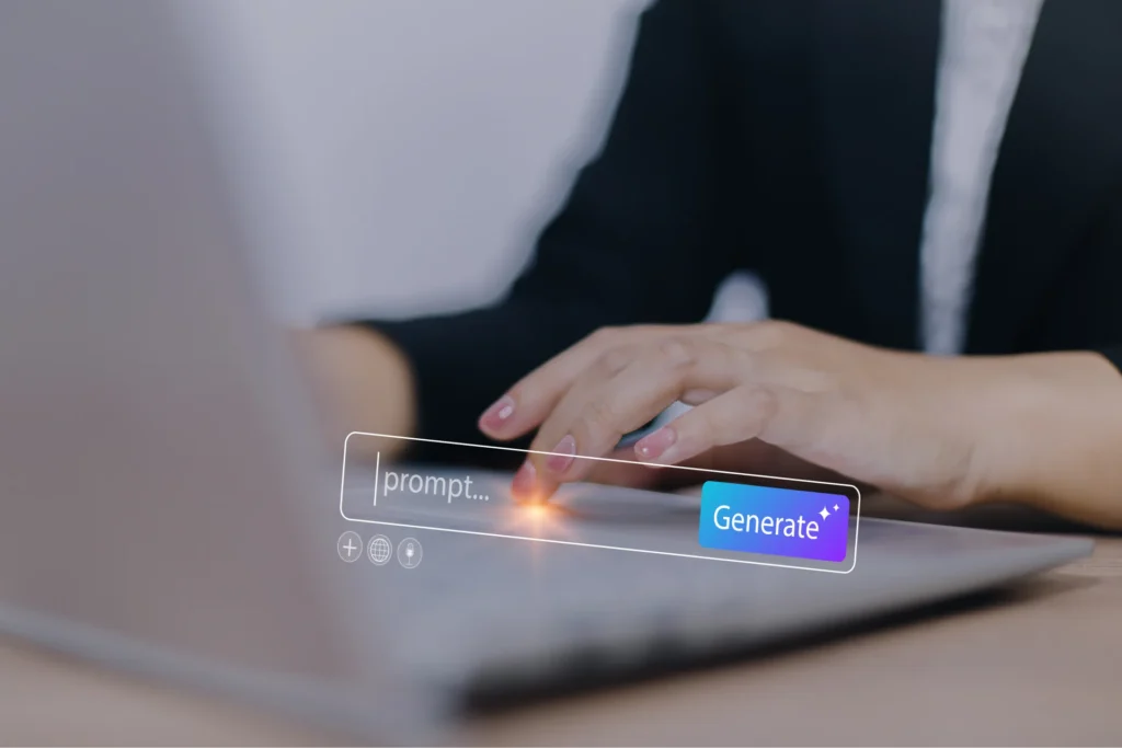Person typing on a laptop with an AI prompt box and Generate button floating above the keyboard