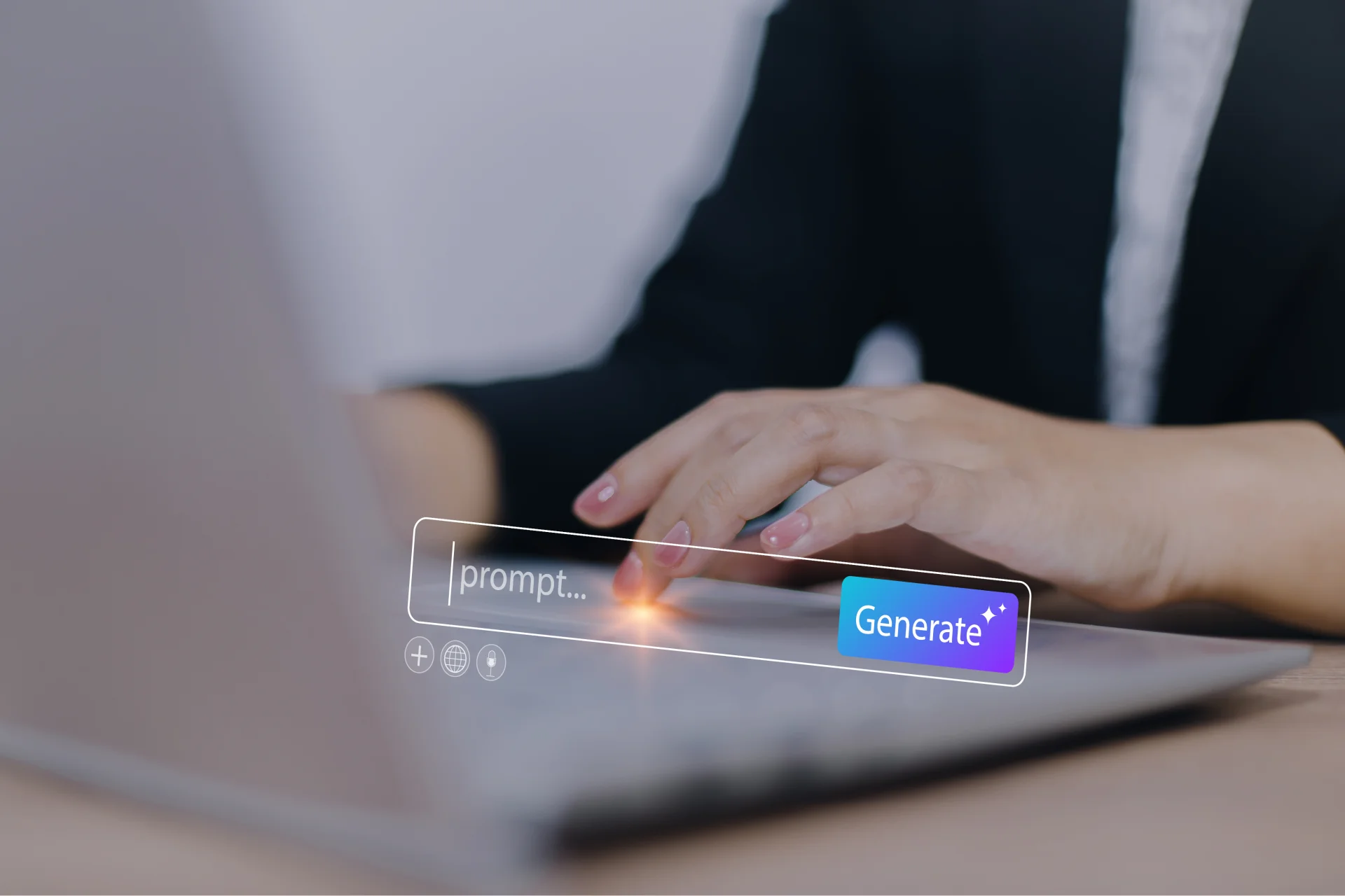 Person typing on a laptop with an AI prompt box and Generate button floating above the keyboard